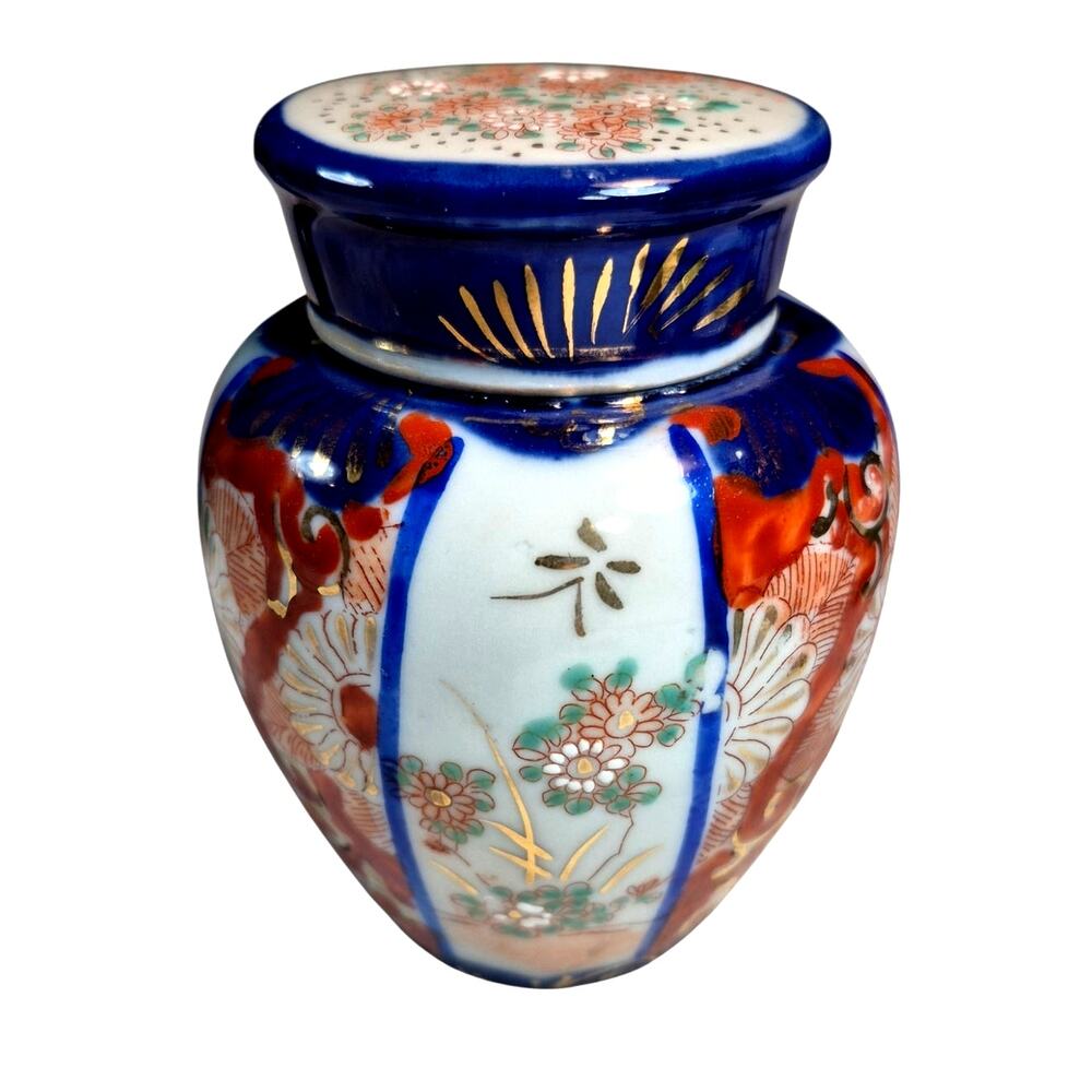 Vintage Meiji Imari Porcelain Ginger Jar with Lids 3 pc Cobalt/ Iron Red 4.5"